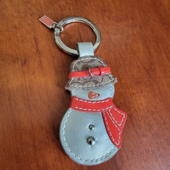 Coach Snowman Silver Red Leather Signature Jacquard Keychain Bag Charm Y2K - Picture 1 of 9